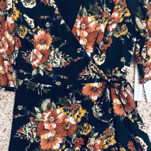 June & Hudson Wrap Mini Dress Floral Print Black Orange Brown Size L NEW wTag - Picture 6 of 10
